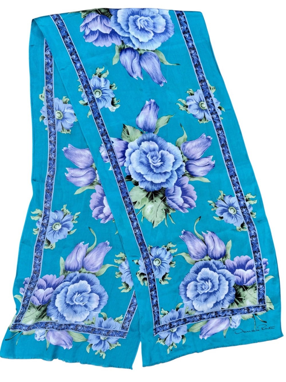 Oscar de la Renta Turquoise 100% Silk Scarf with Blue and Purple Floral Print